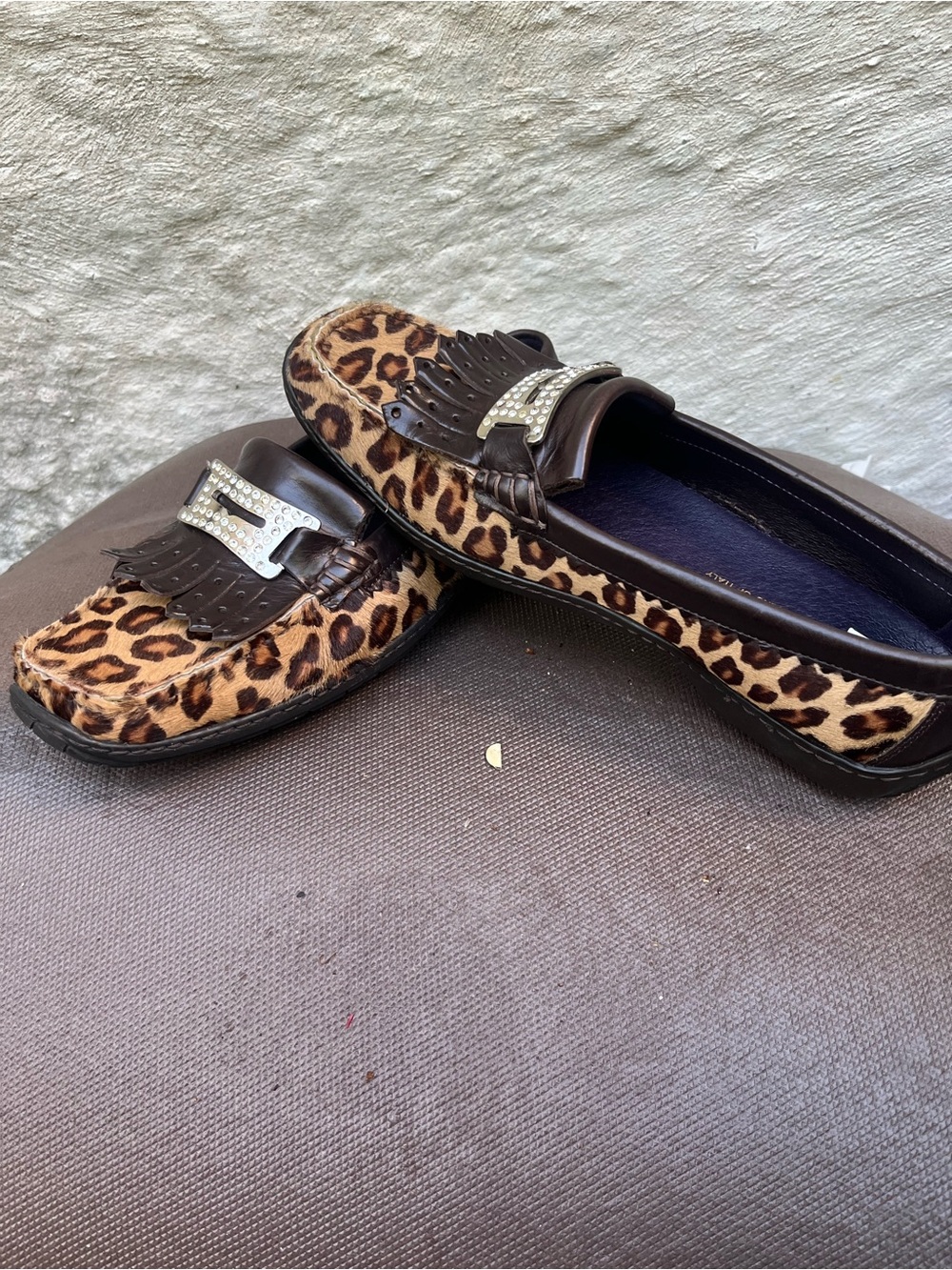 Donald J. Pliner Leopard Print Loafers with Dark Brown Trim